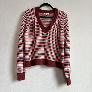 Madewell Arden V-Neck Crop Pullover Striped Sweater 100% Cotton Size Medium